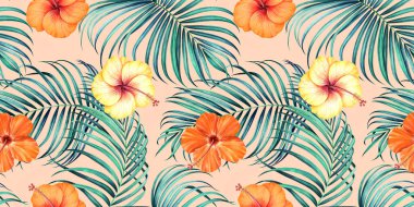 Beyaz arka planda tropikal dalları ve amber çiçekleri olan renksiz desenler. El çizimi suluboya çizimi.