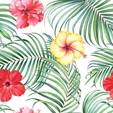 Beyaz arka planda tropikal dalları ve amber çiçekleri olan kusursuz bir desen. El çizimi suluboya çizimi.