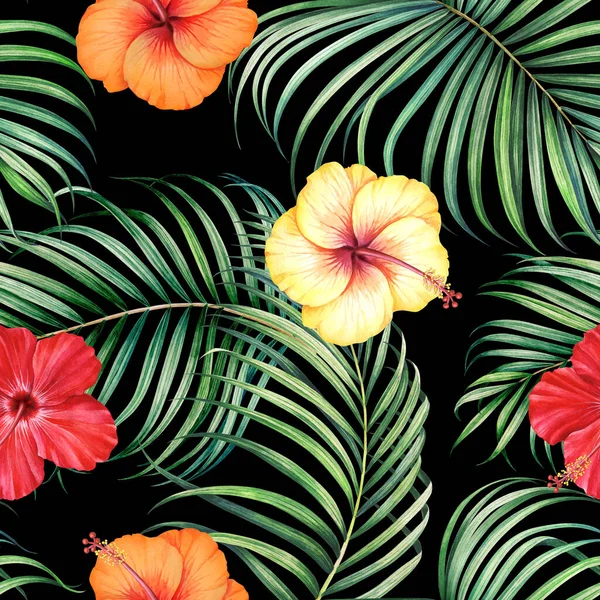 Bezproblémový Vzor Tropickými Větvemi Květy Ibišku Černém Pozadí Ručně Kreslený — Stock fotografie