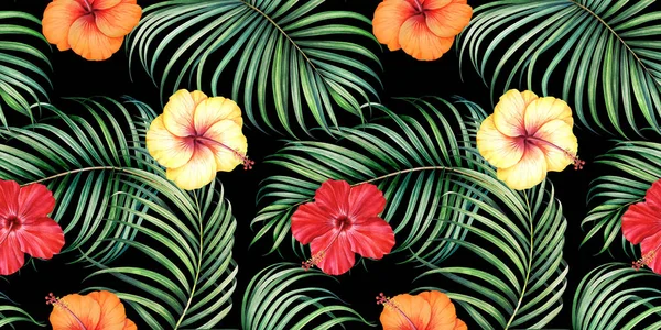 Nahtloses Muster Mit Tropischen Zweigen Und Hibiskusblüten Auf Schwarzem Hintergrund — Stockfoto