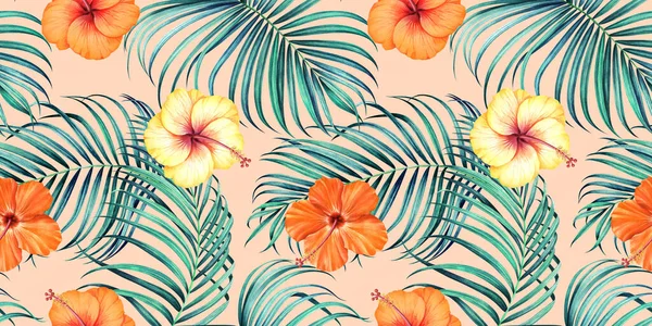 Färgglada Sömlösa Mönster Med Tropiska Grenar Och Hibiskus Blommor Vit — Stockfoto