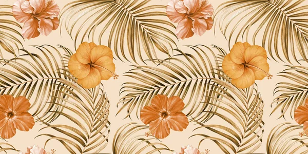 Bezproblémový Vzor Tropickými Větvemi Květy Ibišku Bílém Pozadí Ručně Kreslený — Stock fotografie
