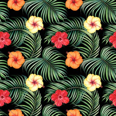 Tropikal dalları ve siyah arka planda amber çiçekleri olan kusursuz bir desen. El çizimi suluboya çizimi.