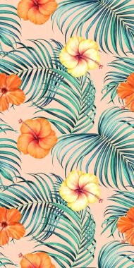 Beyaz arka planda tropikal dalları ve amber çiçekleri olan renksiz desenler. El çizimi suluboya çizimi.