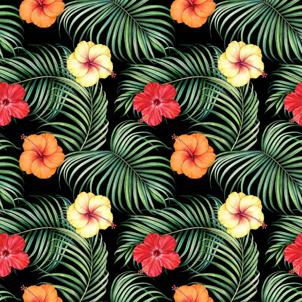 Seamless pattern with tropical branches and hibiscus flowers on black background. Hand drawn watercolor illustration.