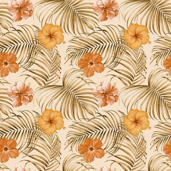Seamless pattern with tropical branches and hibiscus flowers on white background. Hand drawn watercolor illustration.