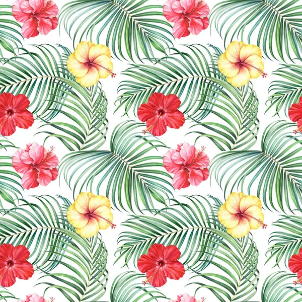 Seamless pattern with tropical branches and hibiscus flowers on white background. Hand drawn watercolor illustration.