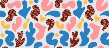 Çok renkli ve soyut şekilli çağdaş sanat kolajı. Modern İskandinav kesim elementleriyle vektör kusursuz desen.