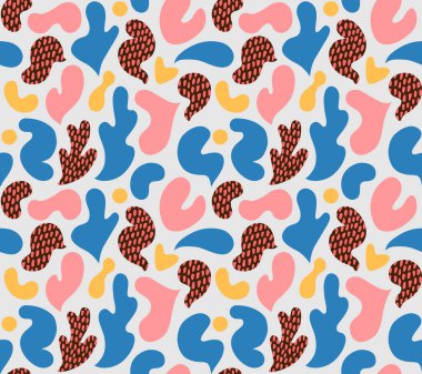 Çok renkli ve soyut şekilli çağdaş sanat kolajı. Modern İskandinav kesim elementleriyle vektör kusursuz desen.