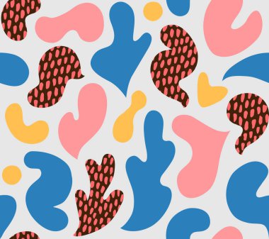 Çok renkli ve soyut şekilli çağdaş sanat kolajı. Modern İskandinav kesim elementleriyle vektör kusursuz desen.