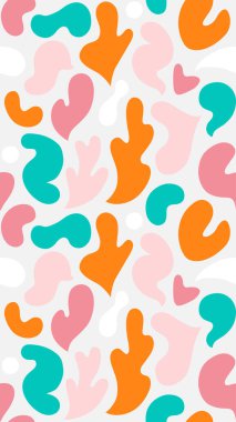 Çok renkli ve soyut şekilli çağdaş sanat kolajı. Modern İskandinav kesim elementleriyle vektör kusursuz desen.