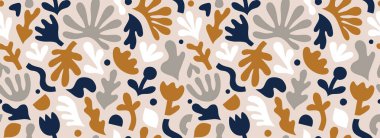 El çizimi, soyut çiçek şekilli çağdaş sanat kolajı. Modern İskandinav kesim elementleriyle vektör kusursuz desen. EPS 10