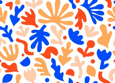 El çizimi, soyut çiçek şekilli çağdaş sanat kolajı. Modern İskandinav kesim elementleriyle vektör kusursuz desen. EPS 10