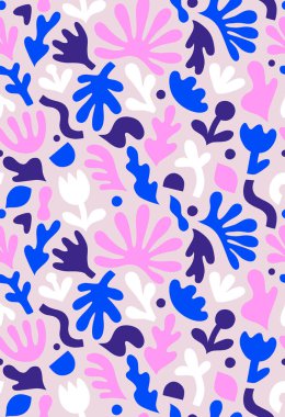 El çizimi, soyut çiçek şekilli çağdaş sanat kolajı. Modern İskandinav kesim elementleriyle vektör kusursuz desen. EPS 10