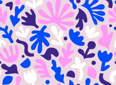 El çizimi, soyut çiçek şekilli çağdaş sanat kolajı. Modern İskandinav kesim elementleriyle vektör kusursuz desen. EPS 10