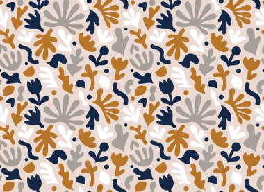 El çizimi, soyut çiçek şekilli çağdaş sanat kolajı. Modern İskandinav kesim elementleriyle vektör kusursuz desen. EPS 10