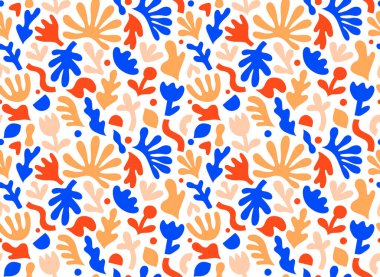 El çizimi, soyut çiçek şekilli çağdaş sanat kolajı. Modern İskandinav kesim elementleriyle vektör kusursuz desen. EPS 10