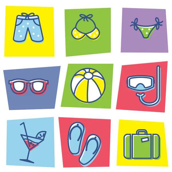 Bavul güneş gözlüğü ve plaj düz izole vektör çizim ile yaz ve tatil Icons set