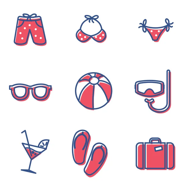 Bavul güneş gözlüğü ve plaj düz izole vektör çizim ile yaz ve tatil Icons set