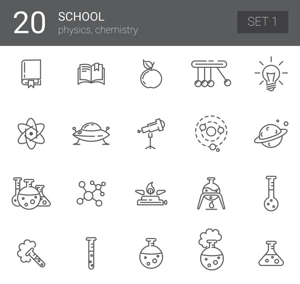 Eenvoudige Set van Online onderwijs gerelateerde Vector lijn pictogrammen. De pictogrammen vertegenwoordigen fysica en chemie. Set 1 — Stockvector