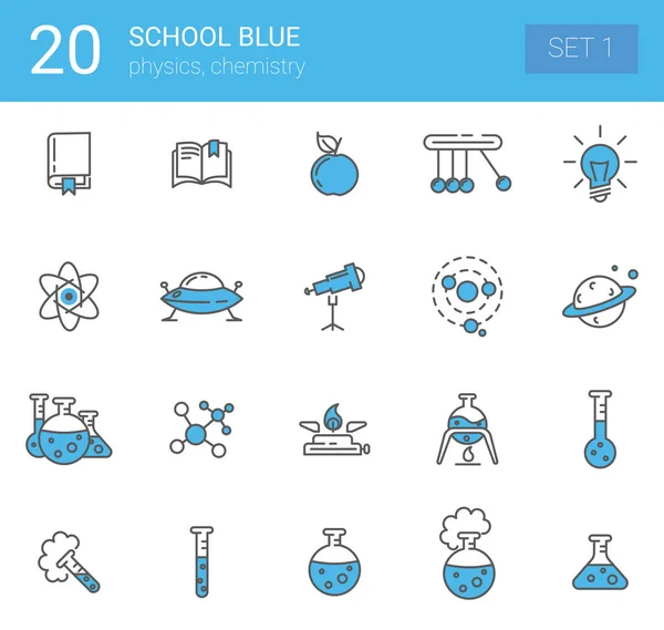 Упрощенный набор векторных иконок, связанных с онлайн-образованием. Иконы представляют физику и химию. Комплект 1 — стоковый вектор
