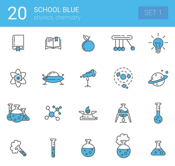 Eenvoudige Set van Online onderwijs gerelateerde Vector lijn pictogrammen. De pictogrammen vertegenwoordigen fysica en chemie. Set 1 — Stockvector