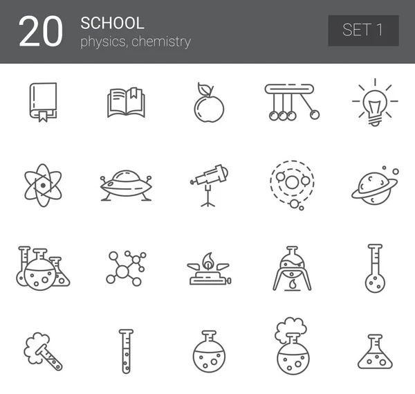 Упрощенный набор векторных иконок, связанных с онлайн-образованием. Иконы представляют физику и химию. Комплект 1 Лицензионные Стоковые Иллюстрации