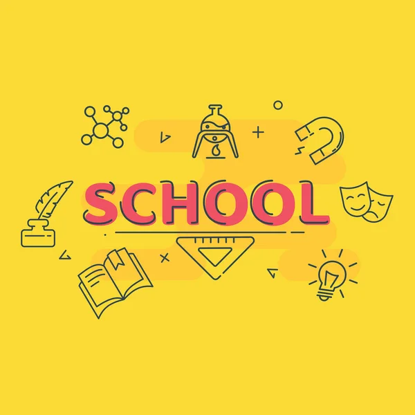 Text "Schule" auf farbigem Hintergrund mit Schulsymbolen. — Stockvektor