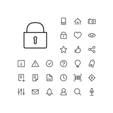 Kilit simgesi beyaz arka plan üzerinde küme. Web ve mobil app kullanmak için evrensel doğrusal simgeler.
