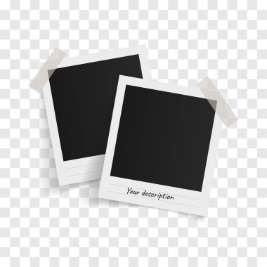 Saydam bir arkaplanda yapışkan banttaki polaroid fotoğraf çerçeveleri. Vektör illüstrasyonu.