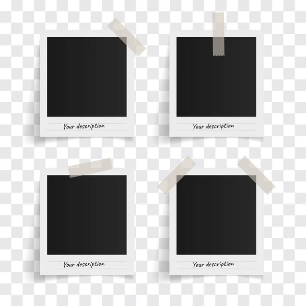 Şeffaf bir arkaplanda yapışkan banttaki polaroid vektör fotoğraf çerçeveleri. Şablon fotoğraf tasarımı. Vektör illüstrasyonu