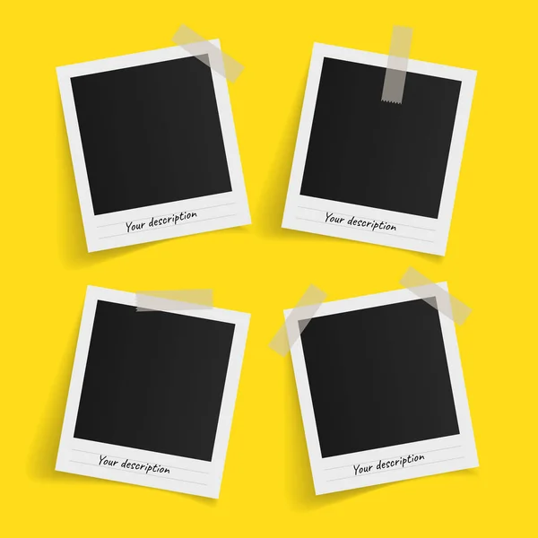 Sarı arka plandaki yapışkan banttaki polaroid vektör çerçeveleri. Şablon fotoğraf tasarımı. Vektör illüstrasyonu