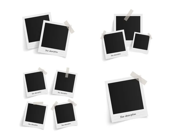 Beyaz arka planda yapışkan banttaki polaroid vektör fotoğraf çerçeveleri. Şablon fotoğraf tasarımı. Vektör illüstrasyonu