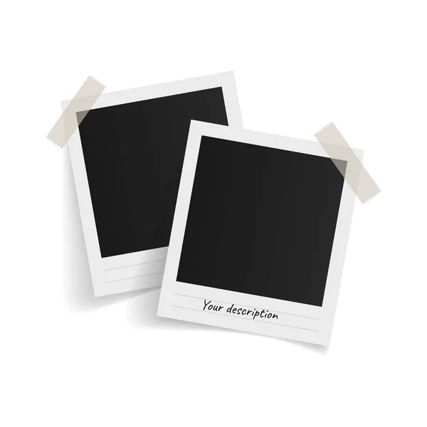Beyaz arka planda yapışkan banttaki polaroid fotoğraf çerçeveleri. Vektör illüstrasyonu.