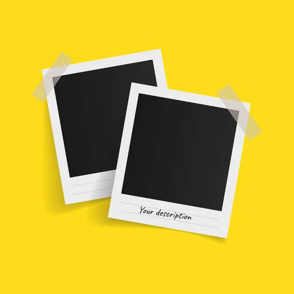 Sarı arka plandaki yapışkan banttaki polaroid fotoğraf çerçeveleri. Vektör illüstrasyonu.
