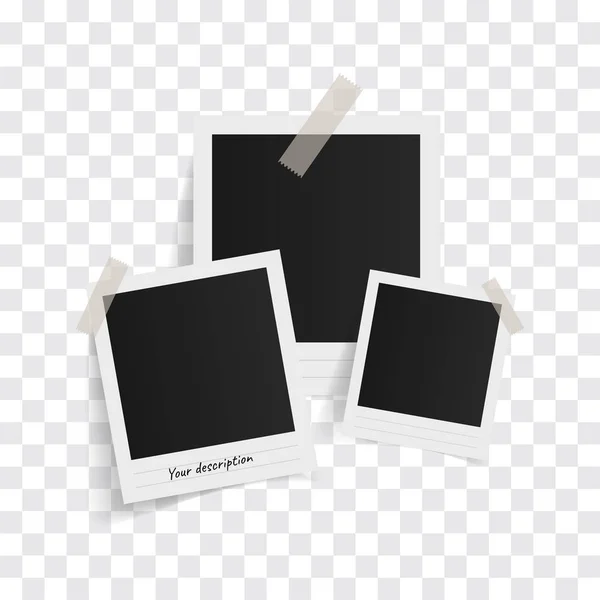 Saydam bir arkaplanda yapışkan banttaki polaroid fotoğraf çerçeveleri. Vektör illüstrasyonu.