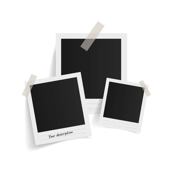 Beyaz arka planda yapışkan banttaki polaroid fotoğraf çerçeveleri. Vektör illüstrasyonu.