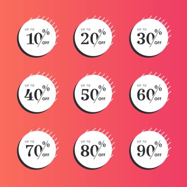 Set of discount price tags. Badges template 10 off, 20, 30, 40, 50, 60, 70, 80, 90 percent sale label symbols, discount promotion icon. clipart