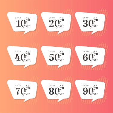 Set of discount price tags. Badges template 10 off, 20, 30, 40, 50, 60, 70, 80, 90 percent sale label symbols, discount promotion icon. clipart