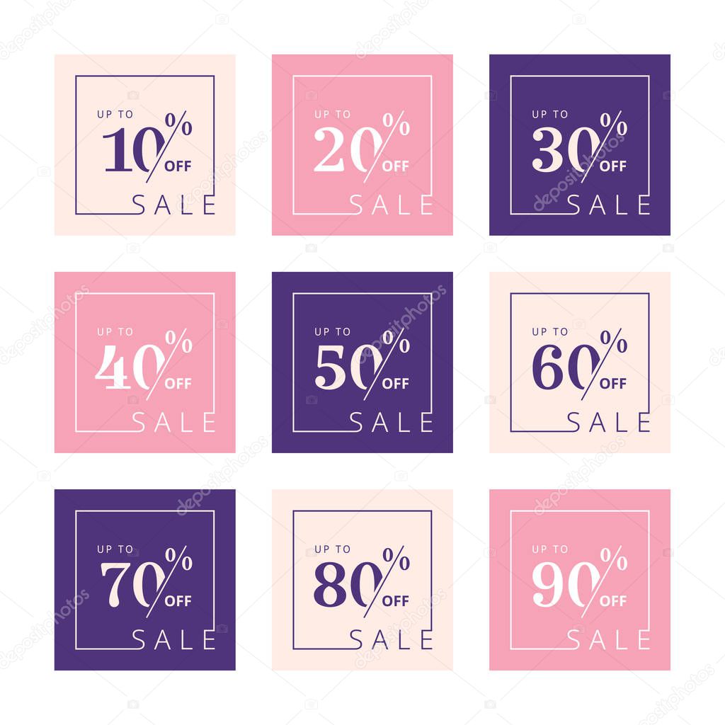 Set of discount price tags. Badges template 10 off, 20, 30, 40, 50, 60, 70, 80, 90 percent sale label symbols, discount promotion icon.