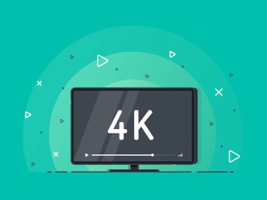 4k Ultra Hd video teknolojili düz ekran televizyon. Yüksek çözünürlüklü dijital teknoloji sembollü yeşil arka planda televizyon ekranı. Vektör İllüstrasyonu.