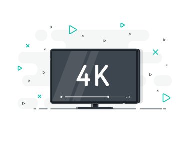 4k Ultra Hd video teknolojili düz ekran televizyon. Yüksek çözünürlüklü dijital teknoloji sembollü beyaz arka planda televizyon ekranı. Vektör İllüstrasyonu.