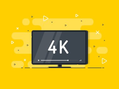 4k Ultra Hd video teknolojili düz ekran televizyon. Yüksek çözünürlüklü dijital teknoloji sembollü sarı arka planda televizyon ekranı. Vektör İllüstrasyonu.