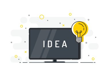 TV ekranlı ve ampullü bir fikir. Beyaz arka planda modaya uygun düz vektör. Vektör İllüstrasyonu.