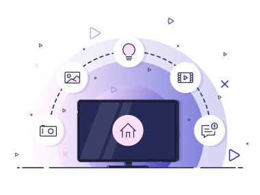 Ekran televizyonunda duran küçük bir ev ve ikon elektronik cihazlarla kablosuz bağlantılar. Mor arka planda modaya uygun düz vektör. Vektör İllüstrasyonu.