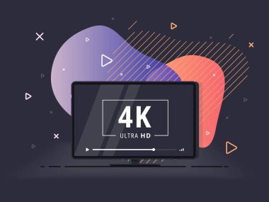 4k Ultra Hd video teknolojili modern soyut ekran televizyon. Yüksek çözünürlüklü dijital teknoloji sembollü geometrik sıvı arka planda televizyon ekranı. Vektör İllüstrasyonu.