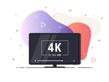 4k Ultra Hd video teknolojili modern soyut ekran televizyon. Yüksek çözünürlüklü dijital teknoloji sembollü geometrik sıvı arka planda televizyon ekranı. Vektör İllüstrasyonu.