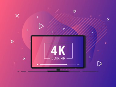 4k Ultra Hd video teknolojisiyle akıllı ev kontrollü televizyon. İnternet, ev eğlence sistemi teknolojisi. Sıvı arkaplanda öncü televizyon görüntüsü.