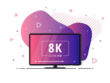 8k Ultra Hd video teknolojili modern soyut ekran televizyon. Yüksek çözünürlüklü dijital teknoloji sembollü geometrik sıvı arka planda televizyon ekranı. Vektör İllüstrasyonu.