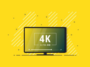 Televizyonda 4k Ultra Hd video teknolojisi var. Yüksek çözünürlüklü dijital teknoloji sembollü doğrusal arkaplanda televizyon görüntüsü. Vektör İllüstrasyonu.